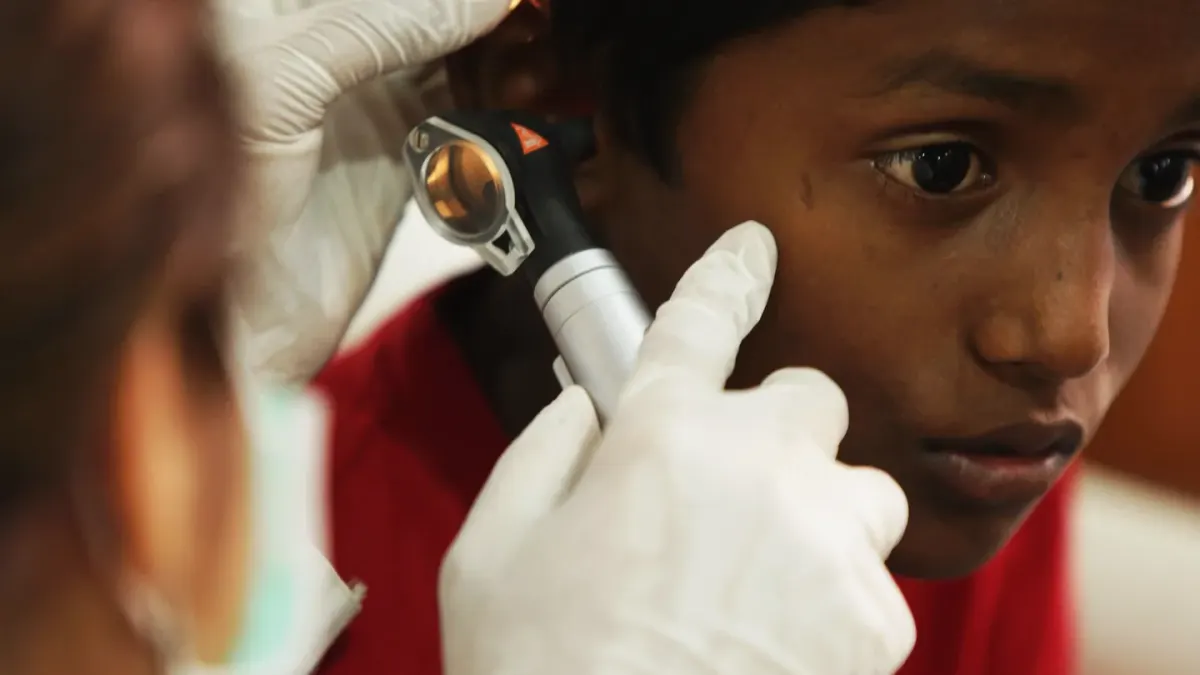 A veterinarian examining a dog's ear during a routine checkup
