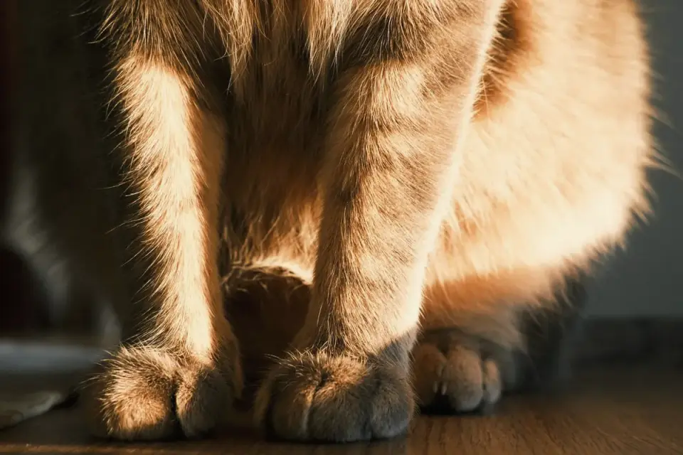 Close-up of a dog&#x27;s paw pad resting on a wood floor