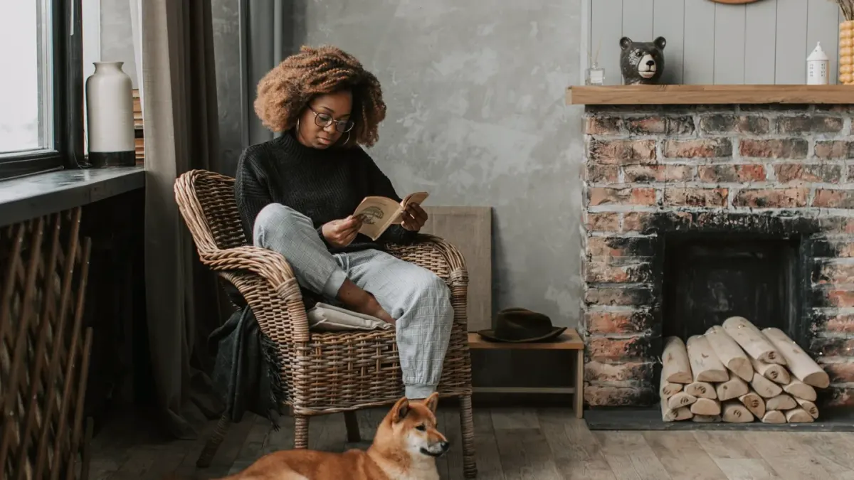 Dog near a fireplace