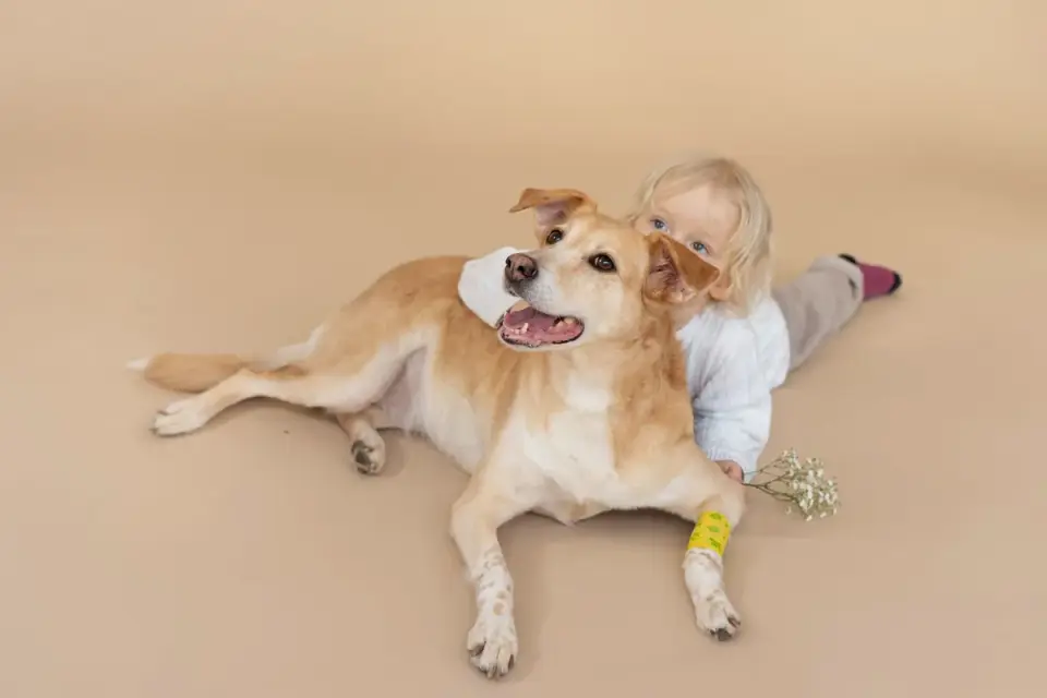 Owner and dog on floor together