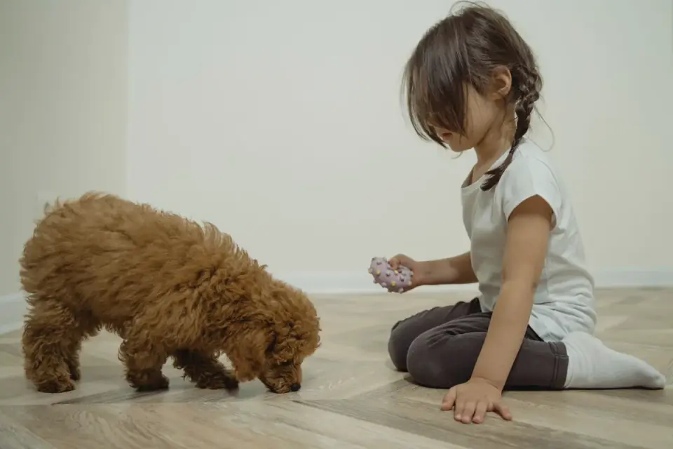 Owner and dog on floor together