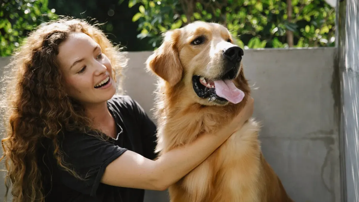Owner gently cleaning a golden retriever's ear at home