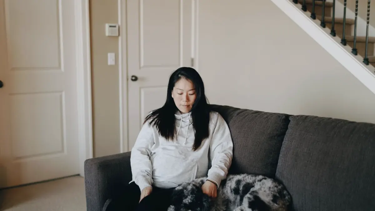 Owner petting dog on sofa